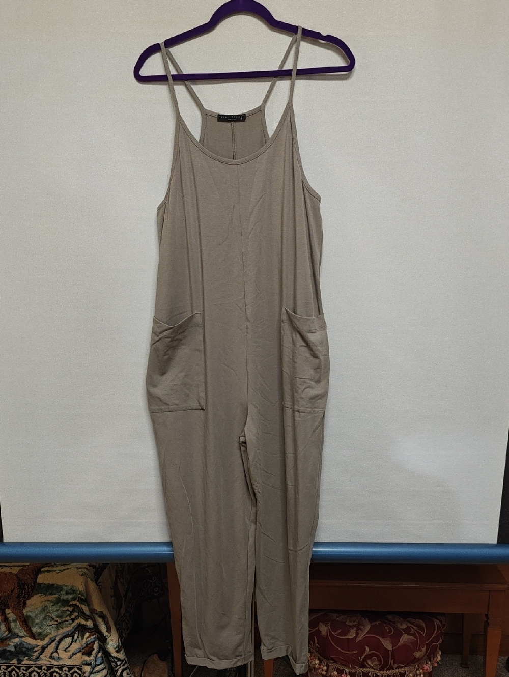 Final Touch Sleeveless Taupe Pocket Jumpsuit, Generously Sized Medium